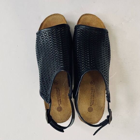 Eric Michael Wedge Sandals EU 39 US 8 Laser Cut Cork Black Perforated Leather - Picture 4 of 9